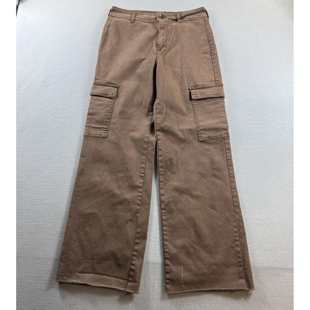 OAT Cargo Pants Womens 6/28 Brown Twill Relaxed Wide Leg Raw Hem Stretch Pockets